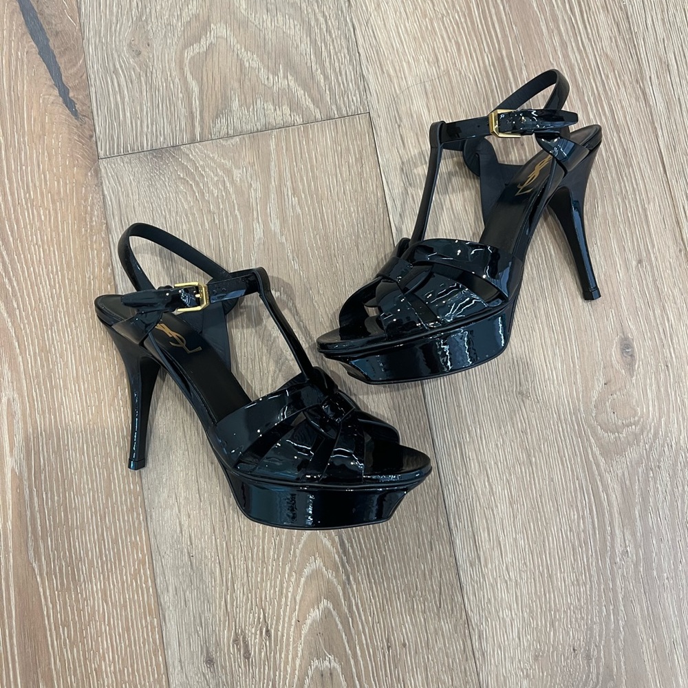 YSL Saint Laurent Tribute Patent T-Strap Platform Black Sandals